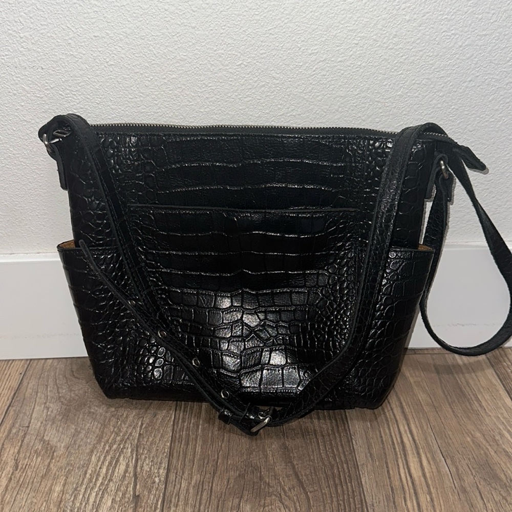 Patricia Nash Aveley Black leather crossbody Tote Croc Embossed Bag